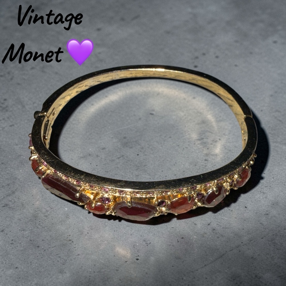 Vintage Monet Multicolor Crystal Hinged Bracelet Gold Tone Marquise Statement